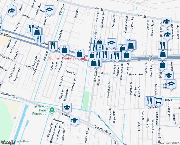 map of restaurants, bars, coffee shops, grocery stores, and more near 921 Dimarco Drive in Marrero