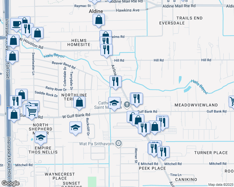 map of restaurants, bars, coffee shops, grocery stores, and more near 9135 Airline Drive in Houston