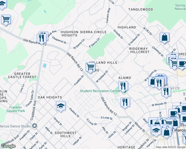map of restaurants, bars, coffee shops, grocery stores, and more near 116 A B Coers Circle in San Marcos
