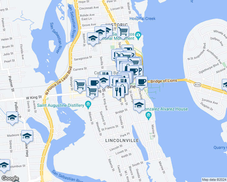 map of restaurants, bars, coffee shops, grocery stores, and more near 79 King Street in St. Augustine