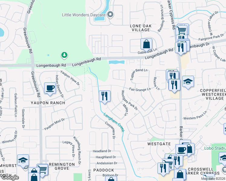 map of restaurants, bars, coffee shops, grocery stores, and more near 18423 Fair Grange Lane in Cypress