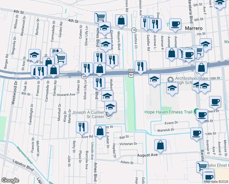 map of restaurants, bars, coffee shops, grocery stores, and more near 6109 3rd Avenue in Marrero