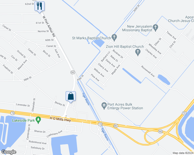 map of restaurants, bars, coffee shops, grocery stores, and more near 6116 Pine Avenue in Port Arthur