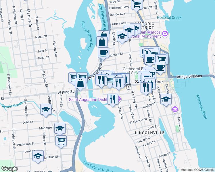 map of restaurants, bars, coffee shops, grocery stores, and more near 135 Oviedo Street in St. Augustine