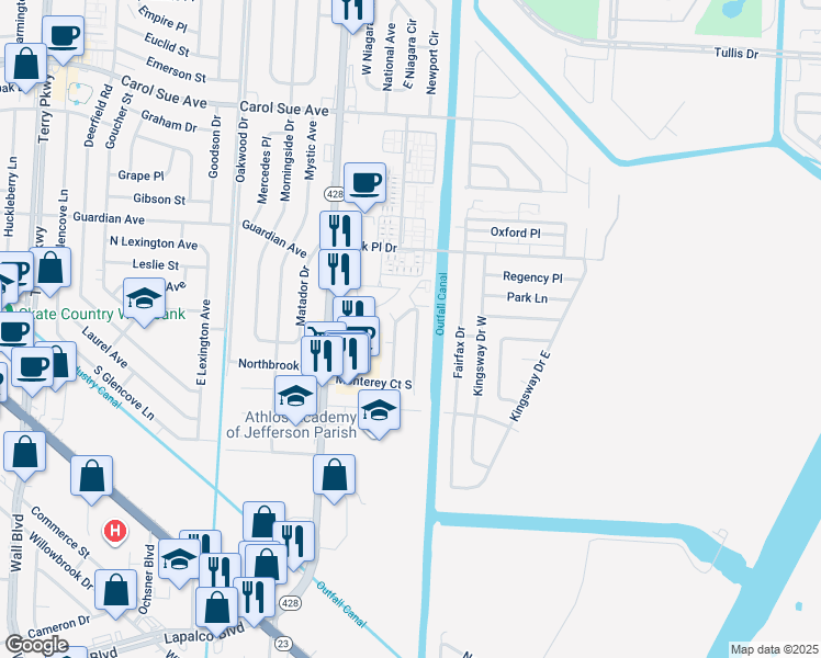 map of restaurants, bars, coffee shops, grocery stores, and more near 2900 North Monterey Court in Terrytown