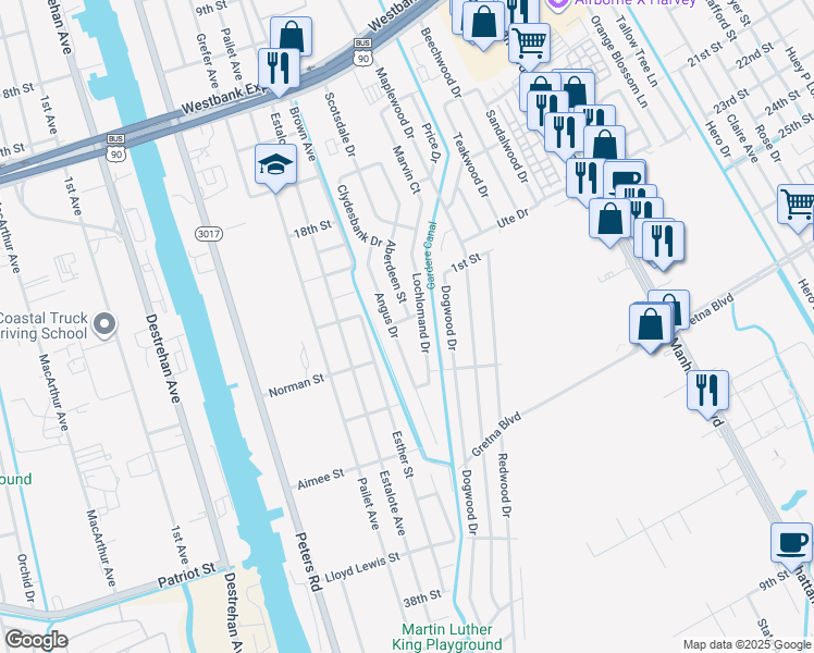 map of restaurants, bars, coffee shops, grocery stores, and more near 1256 Aberdeen Street in Harvey