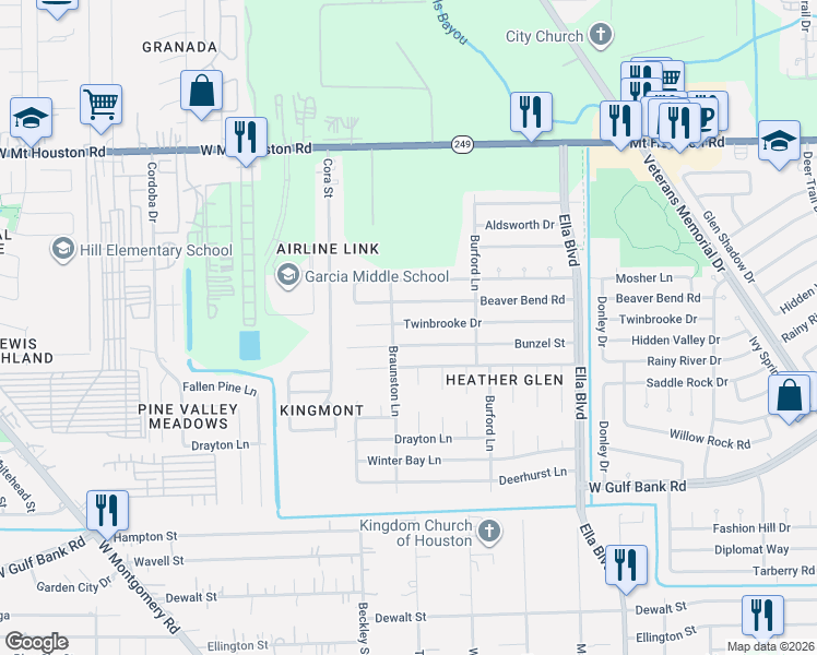 map of restaurants, bars, coffee shops, grocery stores, and more near 2202 Twinbrooke Drive in Houston