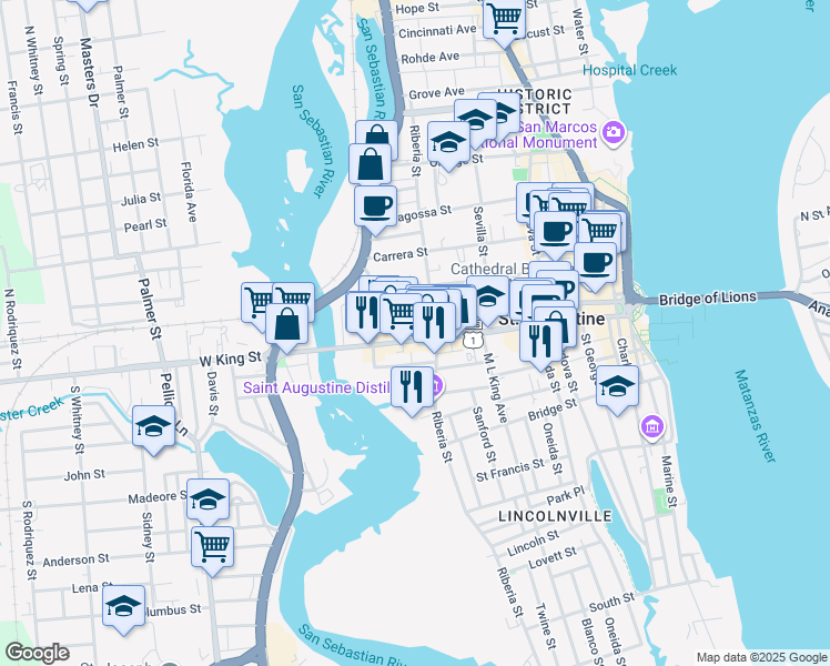 map of restaurants, bars, coffee shops, grocery stores, and more near 135 Oviedo Street in St. Augustine