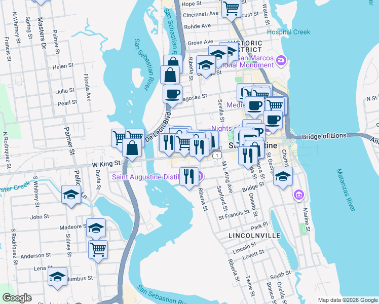 map of restaurants, bars, coffee shops, grocery stores, and more near 135 Oviedo Street in St. Augustine