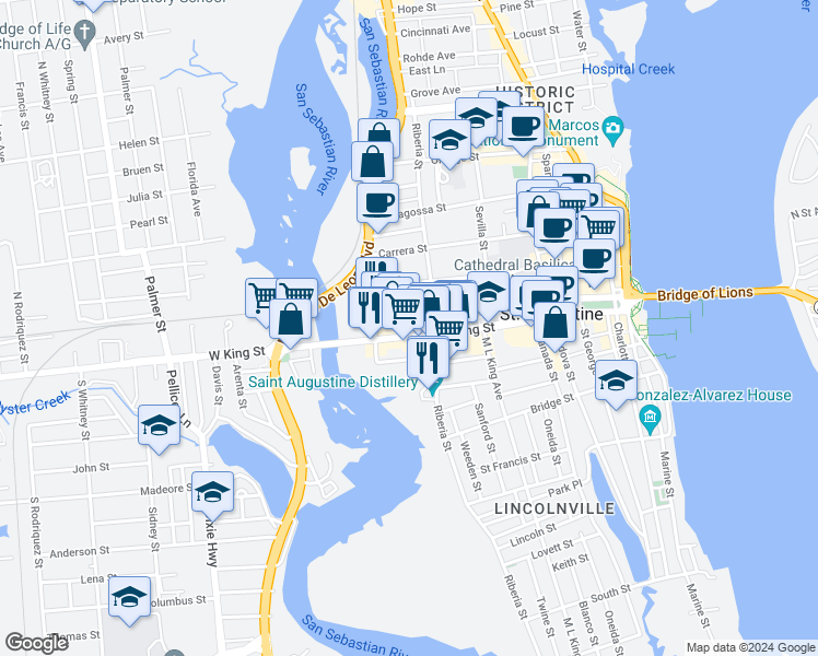 map of restaurants, bars, coffee shops, grocery stores, and more near 135 Oviedo Street in St. Augustine