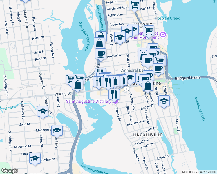 map of restaurants, bars, coffee shops, grocery stores, and more near 135 Oviedo Street in St. Augustine