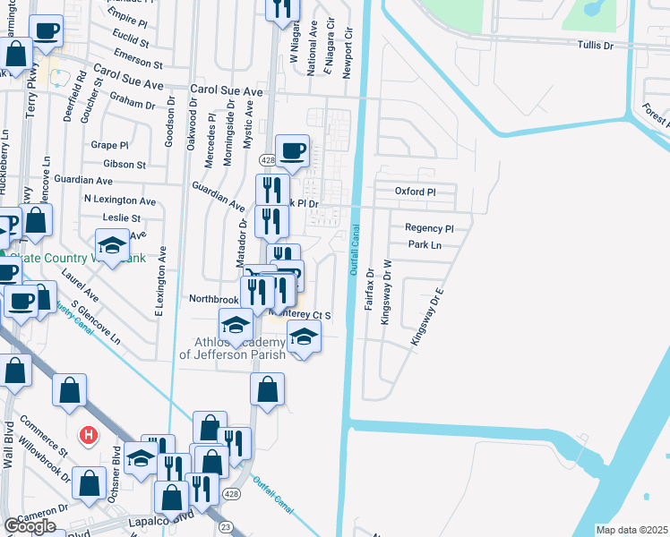 map of restaurants, bars, coffee shops, grocery stores, and more near 2900 North Monterey Court in Terrytown