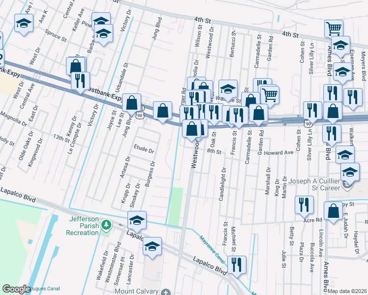 map of restaurants, bars, coffee shops, grocery stores, and more near 921 Dimarco Drive in Marrero