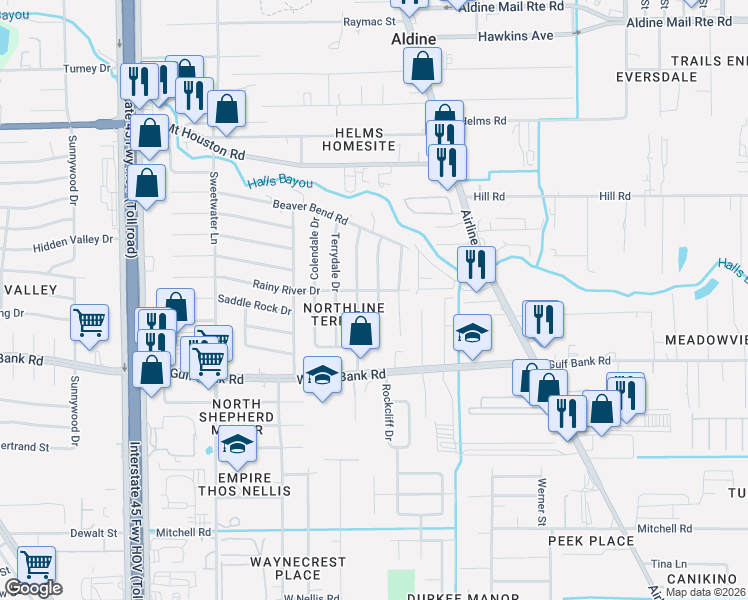 map of restaurants, bars, coffee shops, grocery stores, and more near 9146 Glenbury Drive in Houston