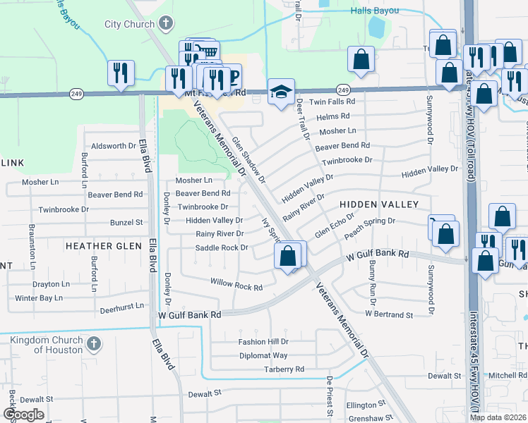 map of restaurants, bars, coffee shops, grocery stores, and more near 9015 Ivy Spring Lane in Houston
