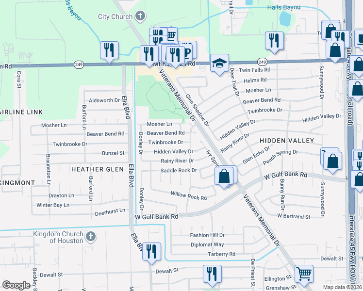 map of restaurants, bars, coffee shops, grocery stores, and more near 1510 Twinbrooke Drive in Houston