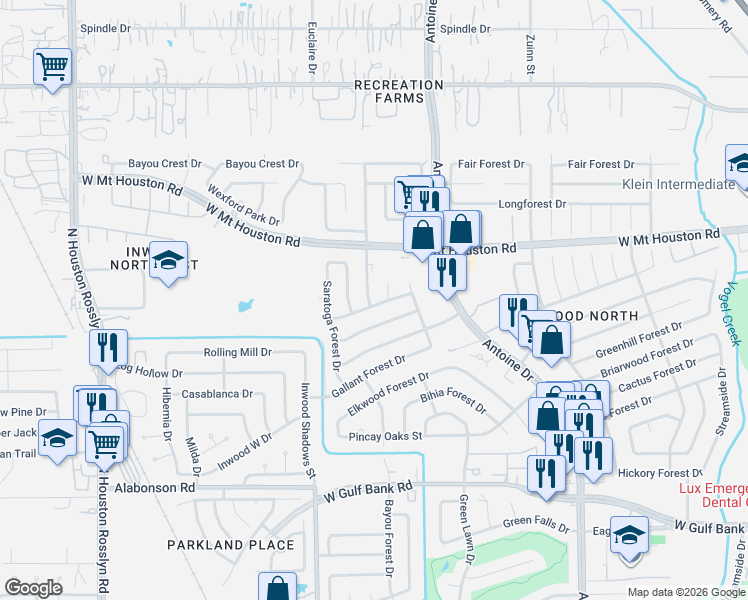 map of restaurants, bars, coffee shops, grocery stores, and more near 8607 Chestnut Forest Drive in Houston