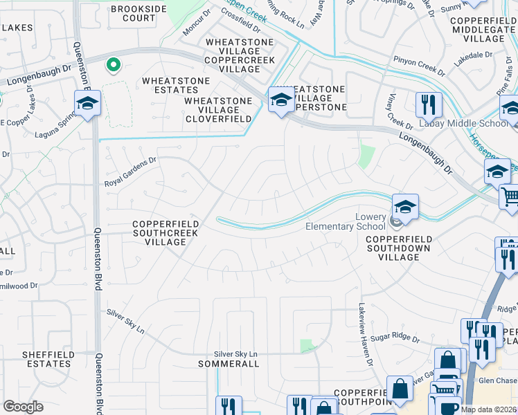 map of restaurants, bars, coffee shops, grocery stores, and more near Royal Gardens Drive in Houston