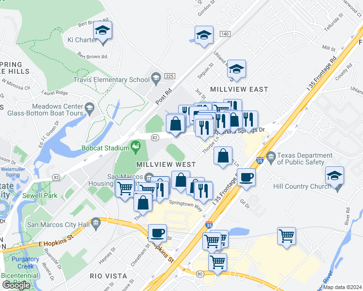 map of restaurants, bars, coffee shops, grocery stores, and more near 100 Warden Lane in San Marcos