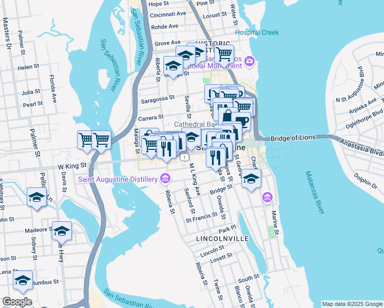 map of restaurants, bars, coffee shops, grocery stores, and more near in St. Augustine