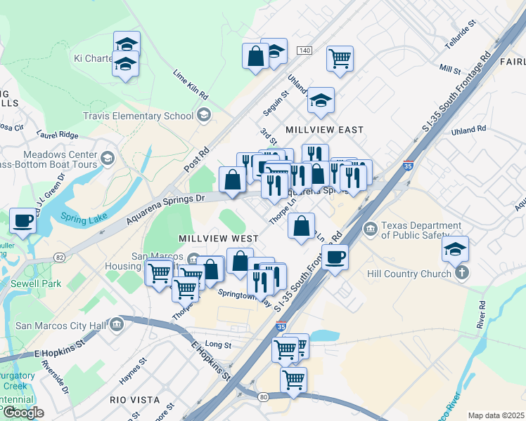 map of restaurants, bars, coffee shops, grocery stores, and more near 115 Warden Lane in San Marcos