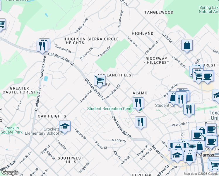 map of restaurants, bars, coffee shops, grocery stores, and more near 1411 Owens Street in San Marcos
