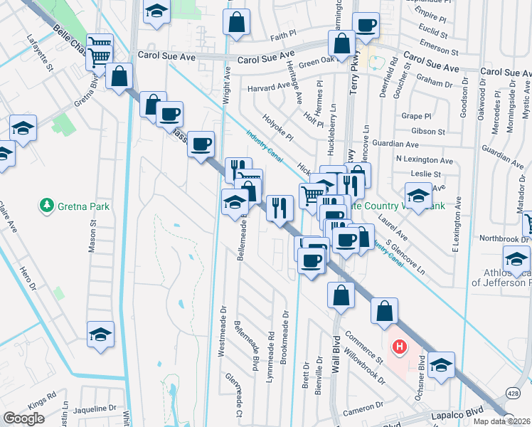 map of restaurants, bars, coffee shops, grocery stores, and more near 108 Briant Street in Gretna
