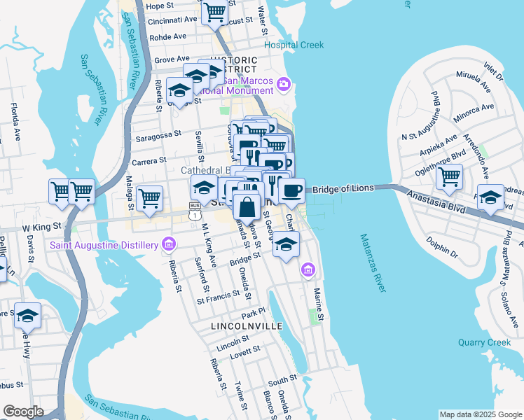 map of restaurants, bars, coffee shops, grocery stores, and more near 214 Saint George Street in St. Augustine