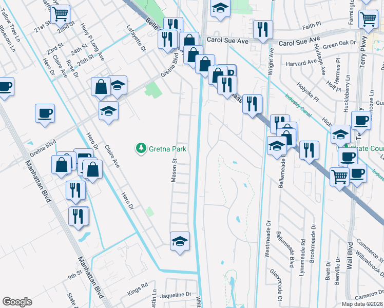 map of restaurants, bars, coffee shops, grocery stores, and more near 94 Creagan Avenue in Gretna
