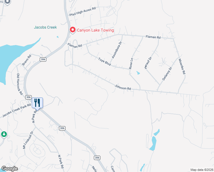 map of restaurants, bars, coffee shops, grocery stores, and more near 1392 Johnson Road in Canyon Lake