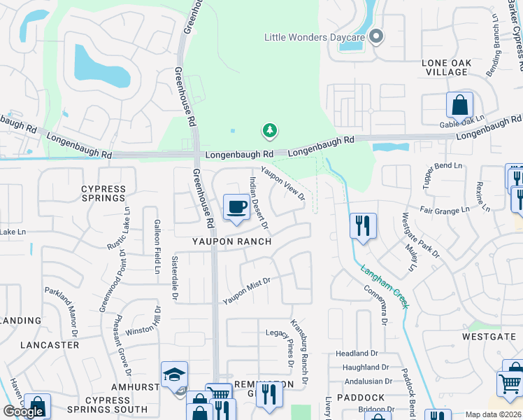 map of restaurants, bars, coffee shops, grocery stores, and more near 7923 Buffalo View Lane in Cypress