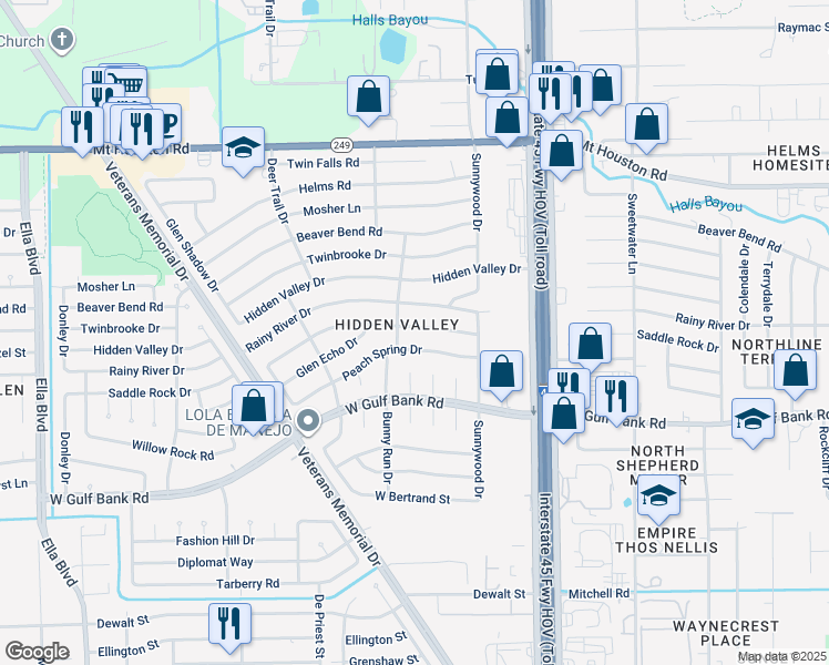 map of restaurants, bars, coffee shops, grocery stores, and more near 919 Saddle Rock Drive in Houston