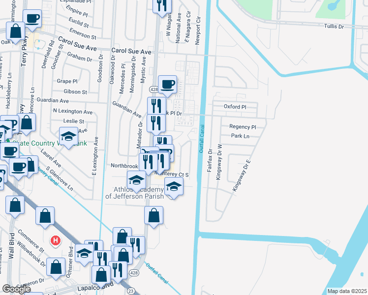 map of restaurants, bars, coffee shops, grocery stores, and more near 901 Monterey Court West in Terrytown
