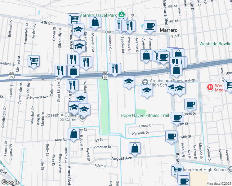 map of restaurants, bars, coffee shops, grocery stores, and more near 1004 Robinson Avenue in Marrero