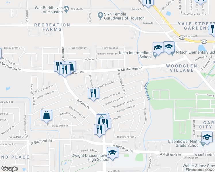 map of restaurants, bars, coffee shops, grocery stores, and more near 5607 Harper Forest Drive in Houston