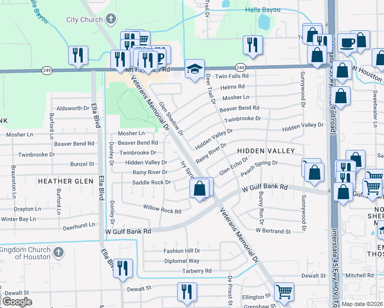 map of restaurants, bars, coffee shops, grocery stores, and more near 9003 Glen Shadow Drive in Houston
