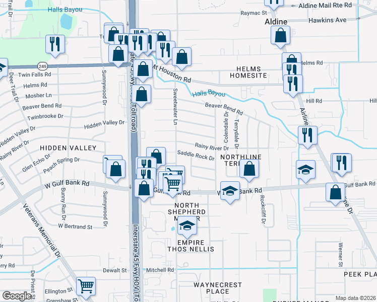 map of restaurants, bars, coffee shops, grocery stores, and more near 546 Saddle Rock Drive in Houston