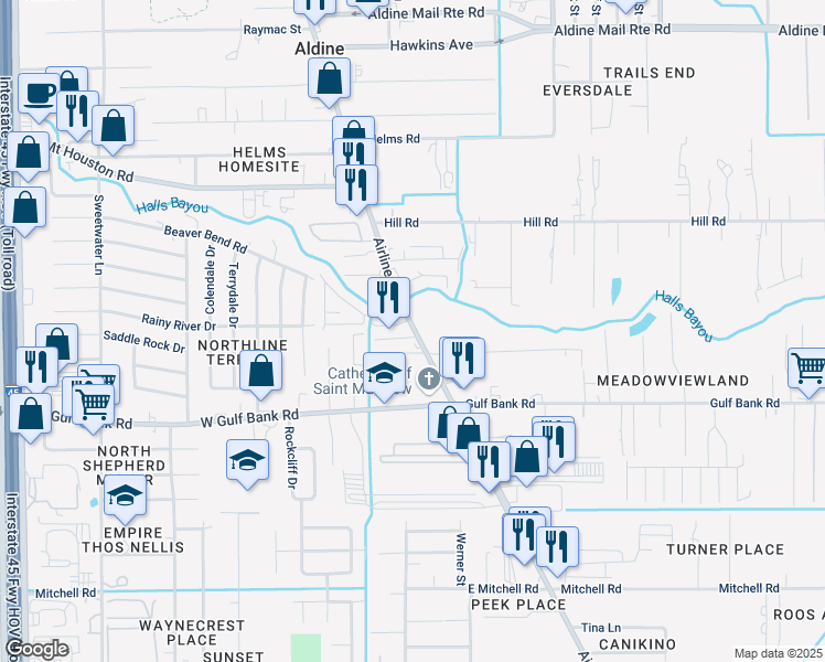 map of restaurants, bars, coffee shops, grocery stores, and more near 9135 Airline Drive in Houston