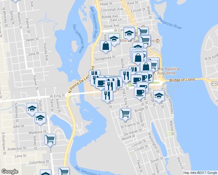 map of restaurants, bars, coffee shops, grocery stores, and more near 78 Riberia Street in Saint Augustine