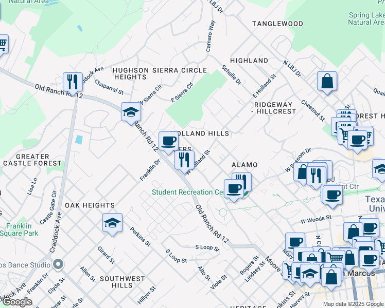 map of restaurants, bars, coffee shops, grocery stores, and more near 405 Sarah Street in San Marcos