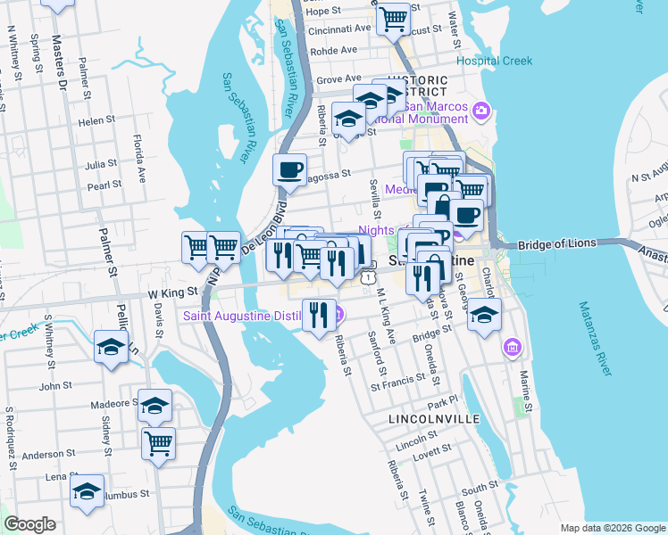 map of restaurants, bars, coffee shops, grocery stores, and more near 112 King Street in St. Augustine