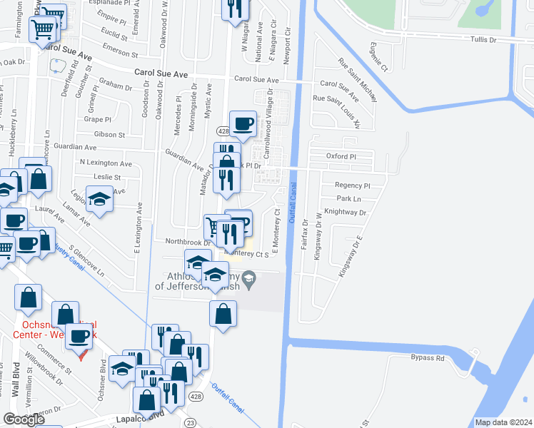 map of restaurants, bars, coffee shops, grocery stores, and more near 2900 North Monterey Court in Terrytown