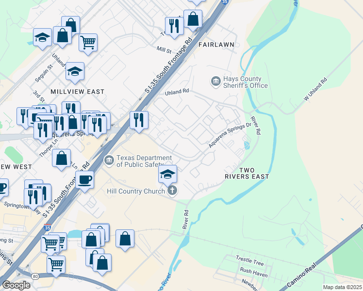 map of restaurants, bars, coffee shops, grocery stores, and more near 1805 Aquarena Springs Drive in San Marcos