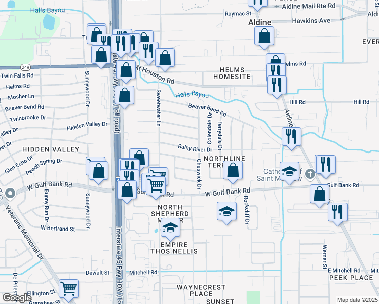map of restaurants, bars, coffee shops, grocery stores, and more near 515 Rainy River Drive in Houston