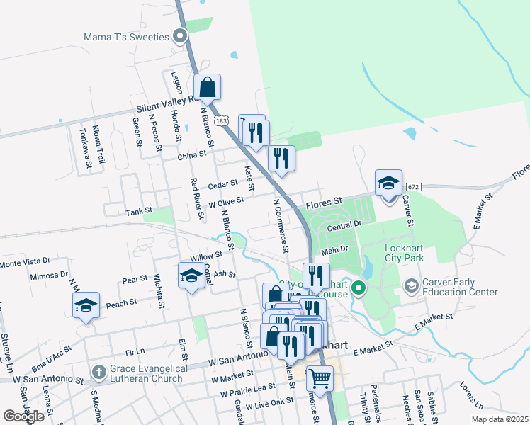 map of restaurants, bars, coffee shops, grocery stores, and more near 809 West Navarro Street in Lockhart