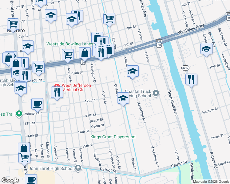 map of restaurants, bars, coffee shops, grocery stores, and more near 1121 Saint Michael Drive in Harvey