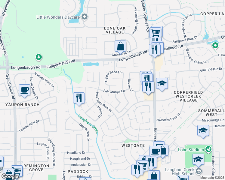 map of restaurants, bars, coffee shops, grocery stores, and more near 18238 Fair Grange Lane in Cypress
