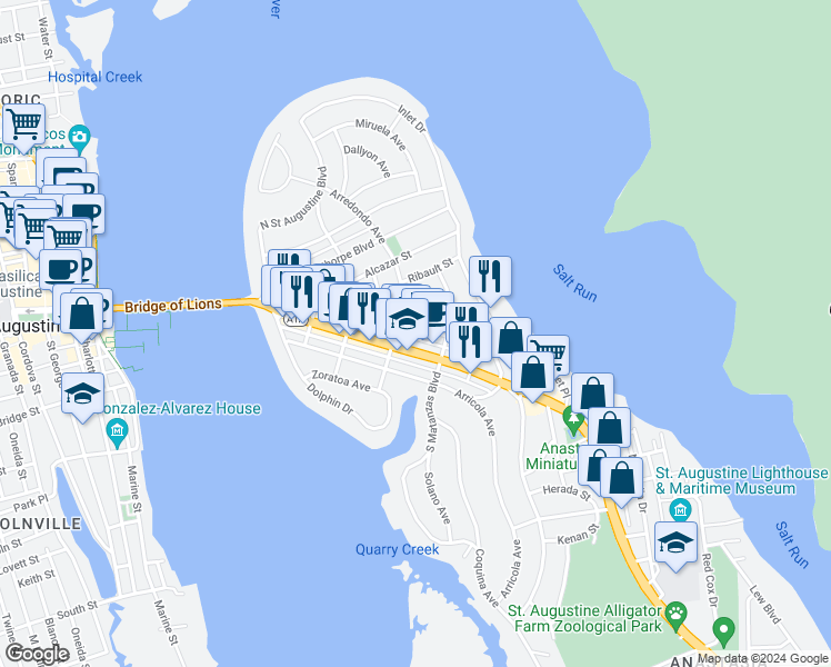 map of restaurants, bars, coffee shops, grocery stores, and more near 309 Flagler Boulevard in St. Augustine