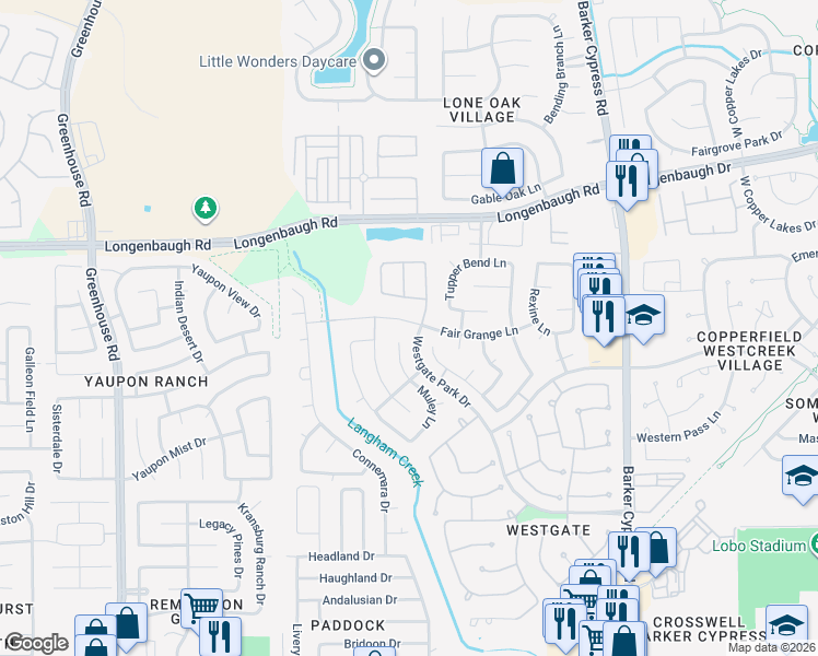 map of restaurants, bars, coffee shops, grocery stores, and more near 18423 Fair Grange Lane in Cypress