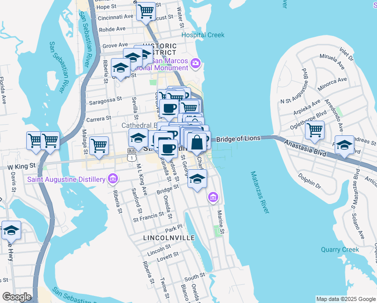 map of restaurants, bars, coffee shops, grocery stores, and more near 33 King Street in Saint Augustine